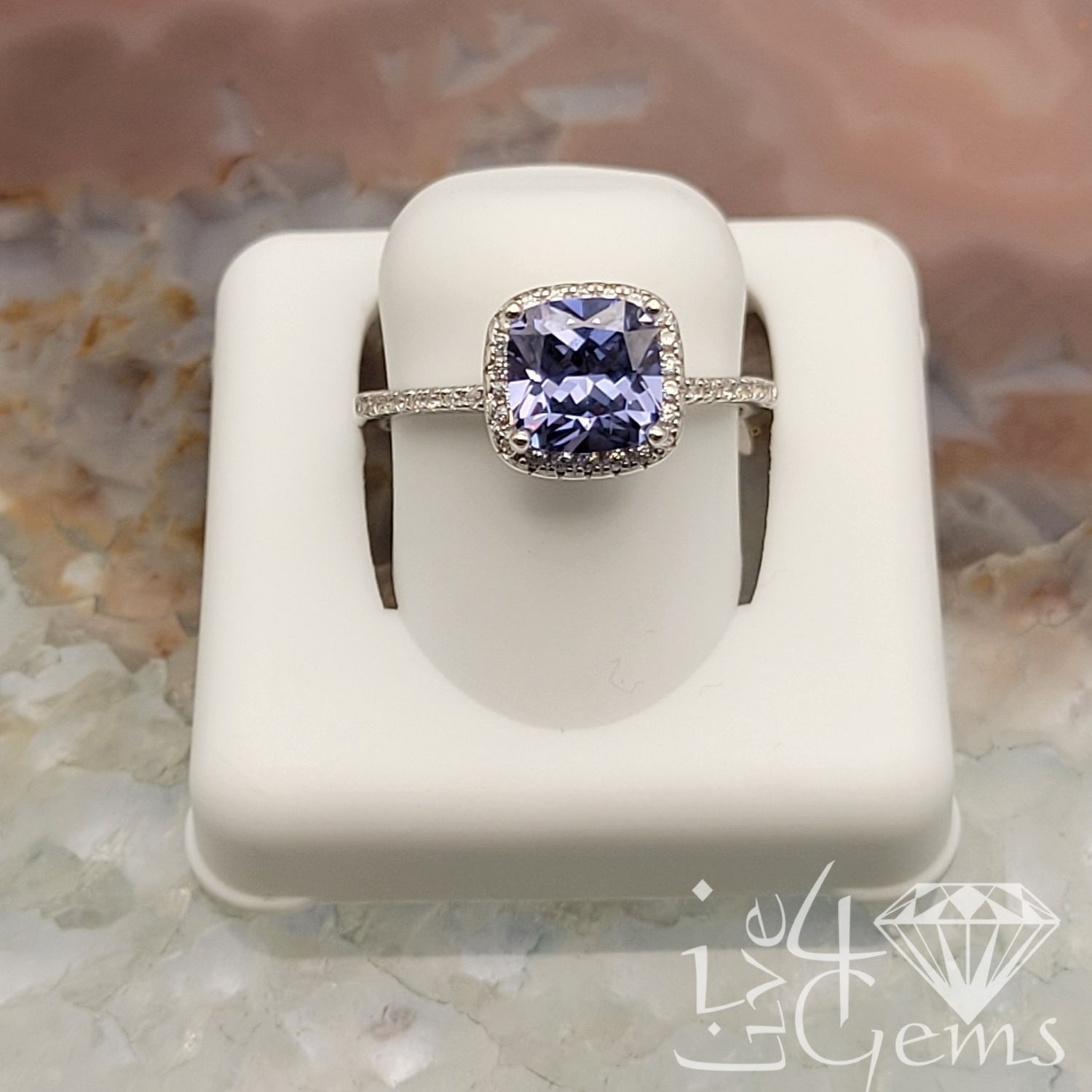 Silver Purple Cushion Cut Halo Ring