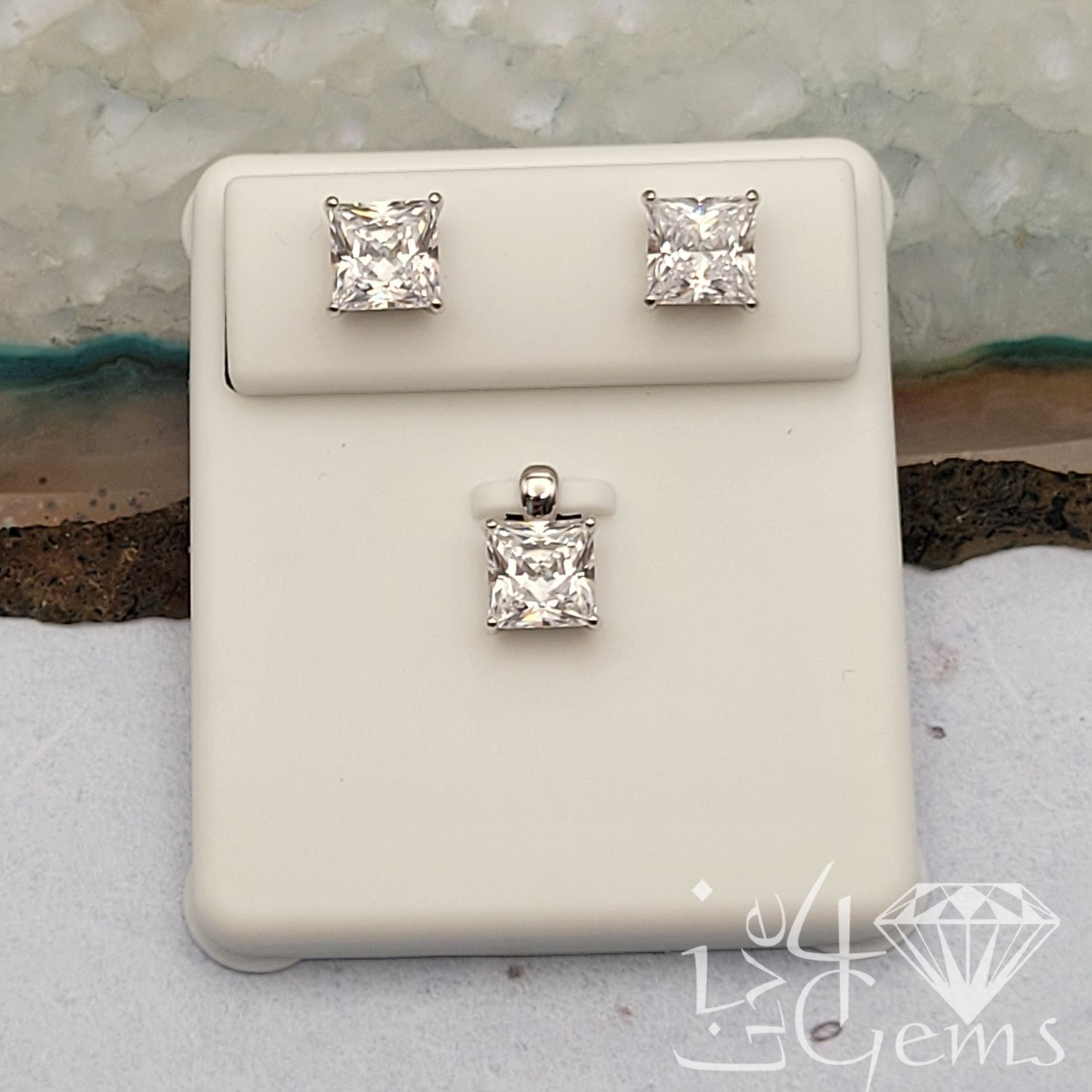 Silver CZ Princess Cut 8mm Earring and Pendant Set