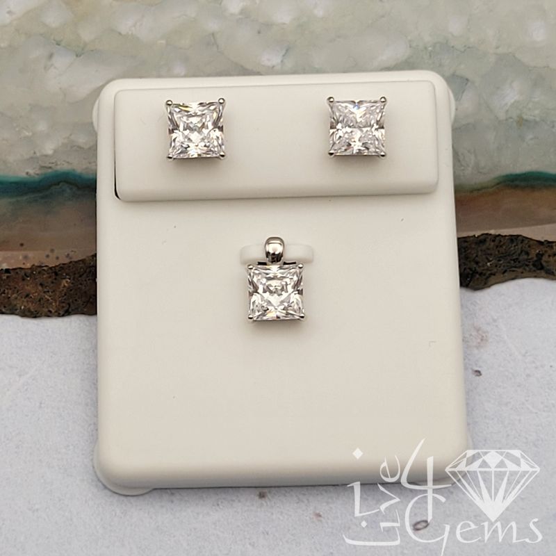 Silver CZ Princess Cut 8mm Earring and Pendant Set