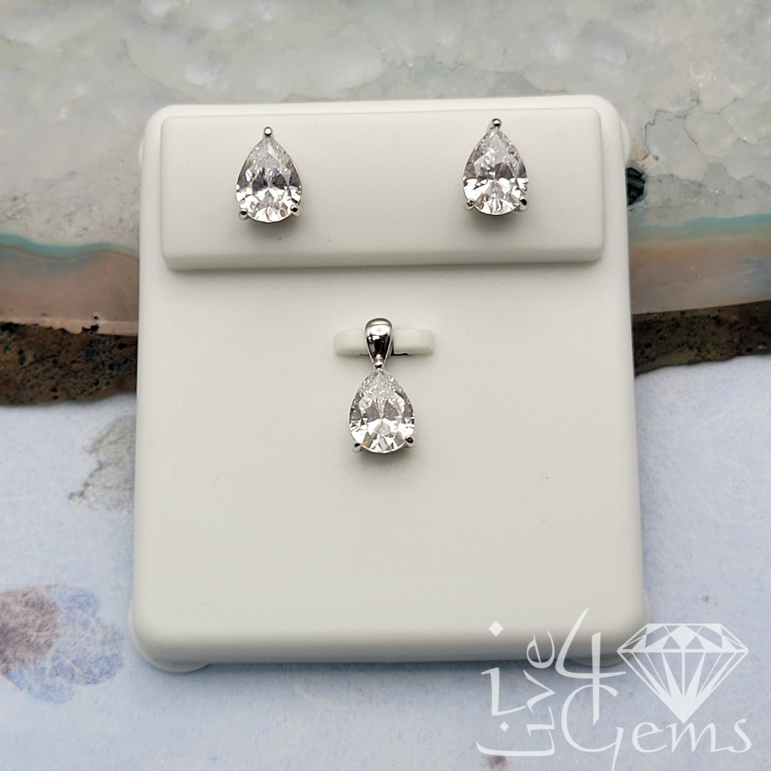 Silver CZ Pear Cut 8mm Earring and Pendant Set