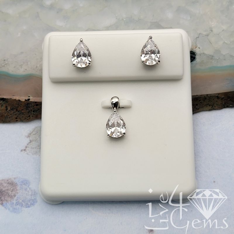 Silver CZ Pear Cut 8mm Earring and Pendant Set