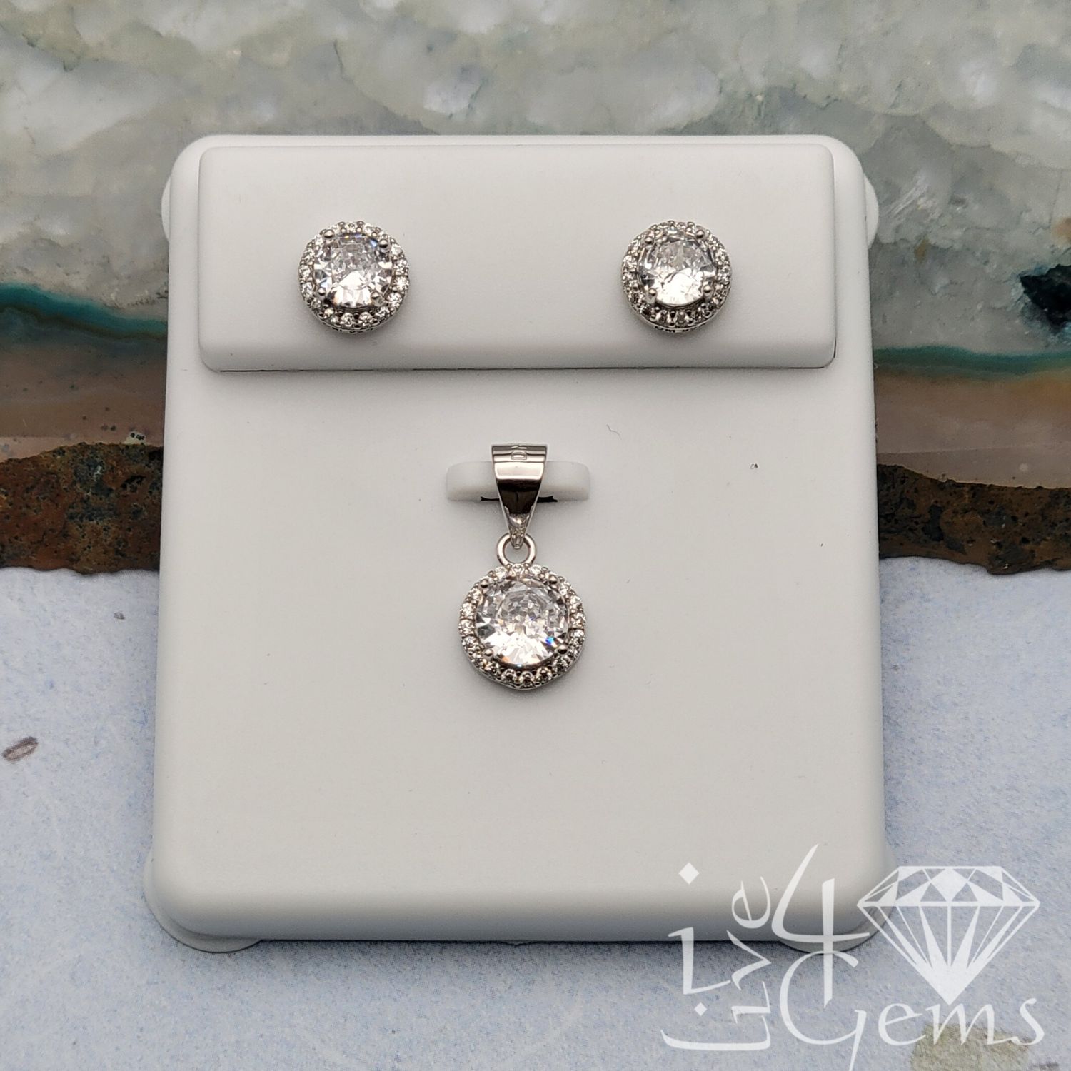 Silver CZ Round 8mm Halo Pendant and Earring Set