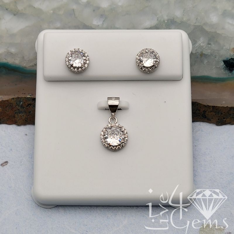 Silver CZ Round 8mm Halo Pendant and Earring Set