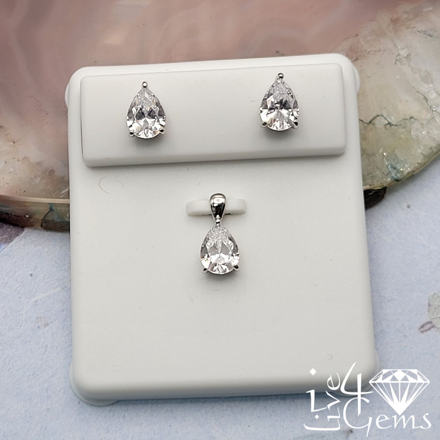 Silver CZ Pear Cut 9mm Earring and Pendant Set