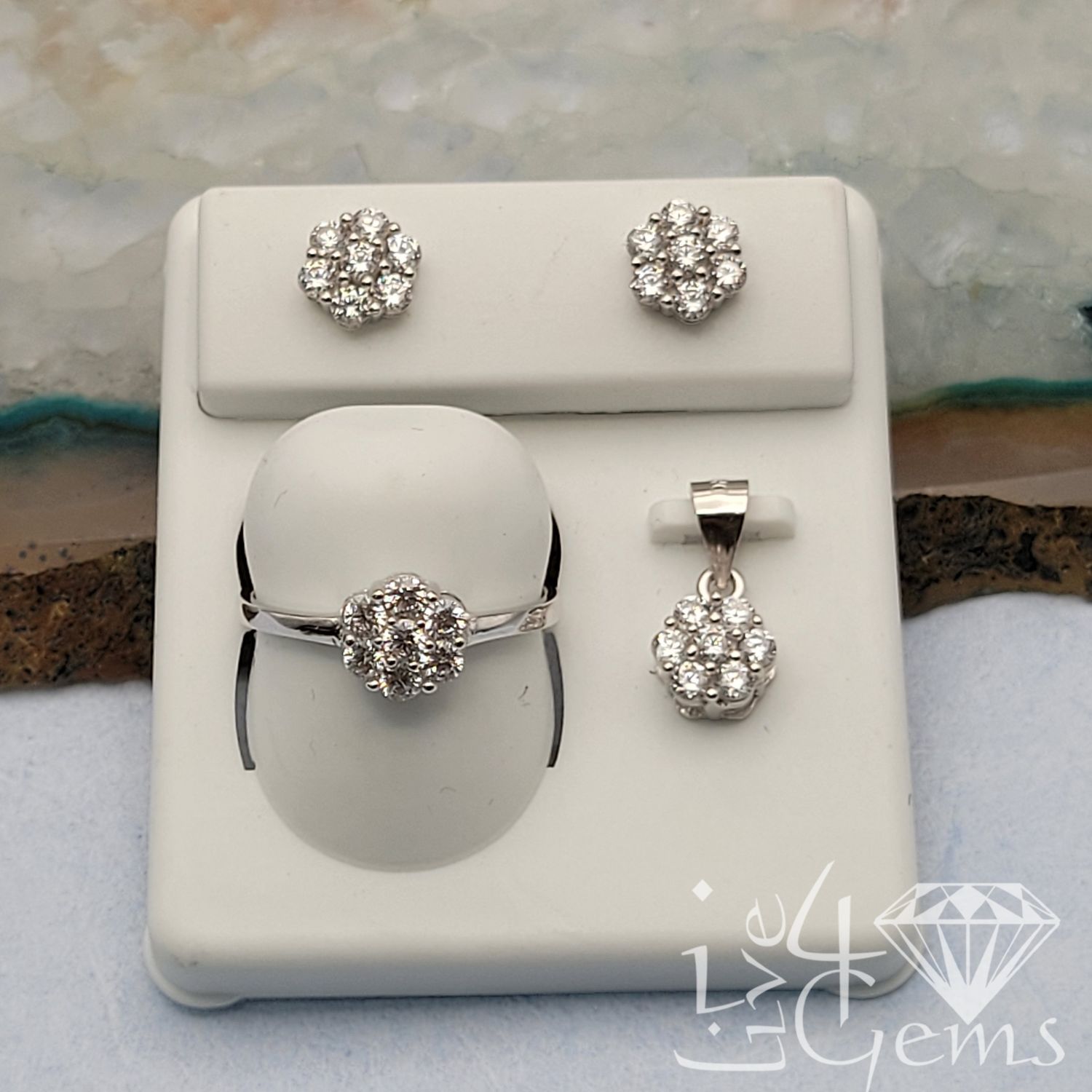 Silver CZ 8mm Flower Earring, Ring size 8 and Pendant Set