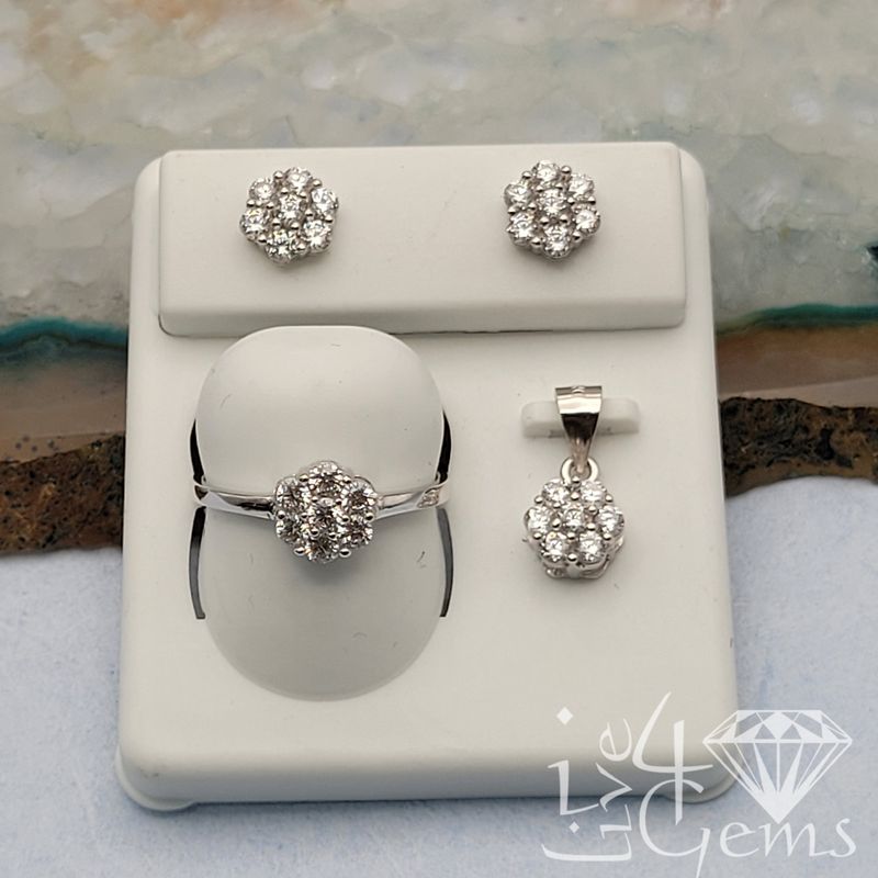 Silver CZ 8mm Flower Earring, Ring size 8 and Pendant Set
