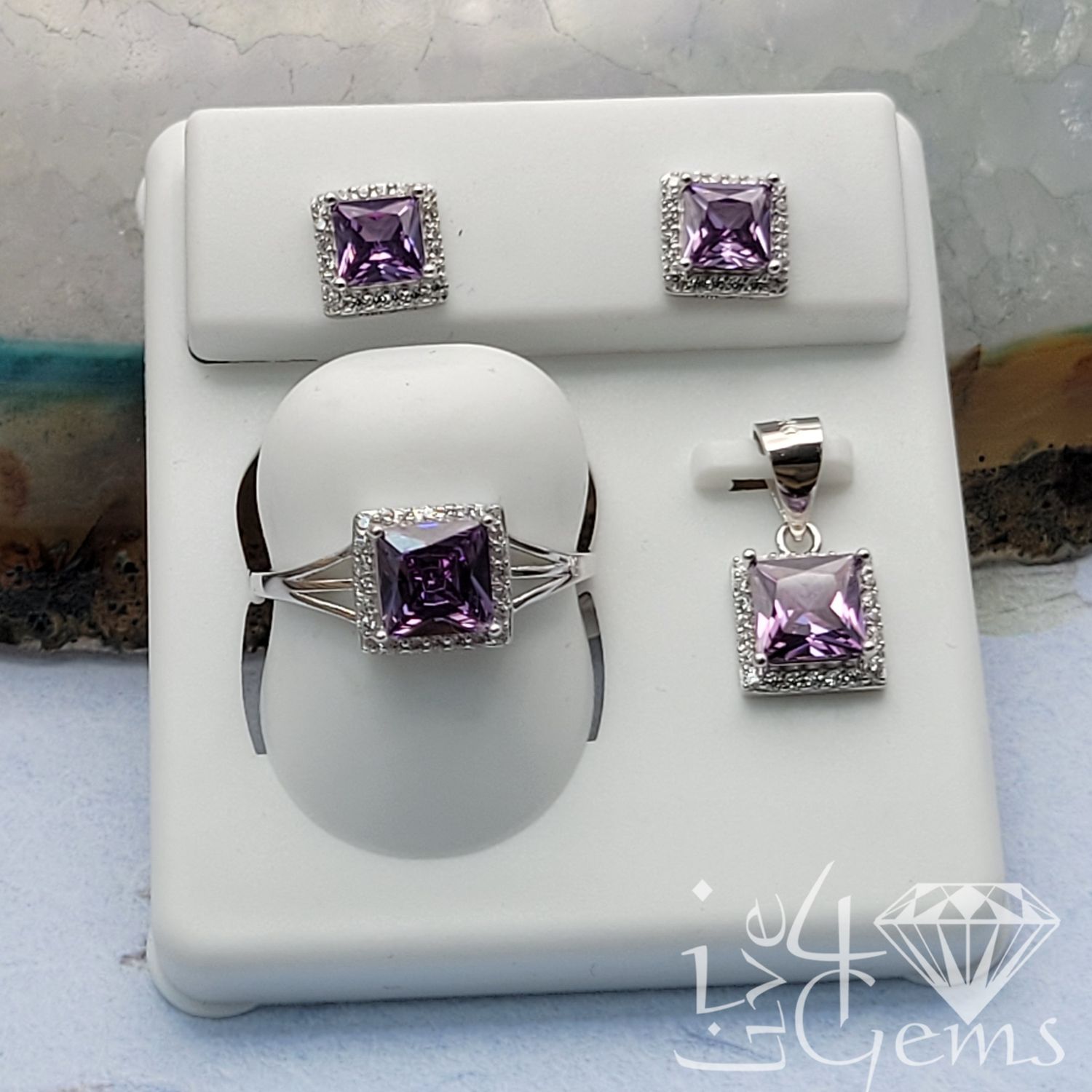 Silver CZ  Purple Princess Cut Earring, Ring and Pendant Set