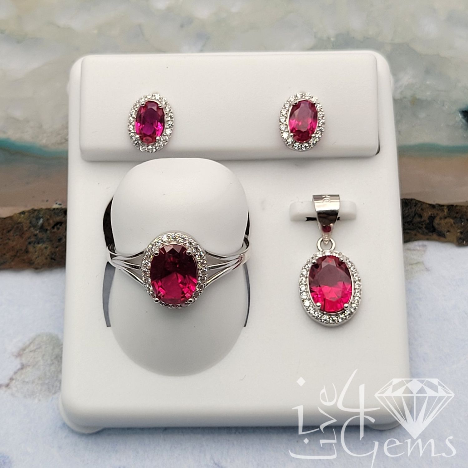 Silver CZ  Red Oval Halo Earring, Ring and Pendant Set