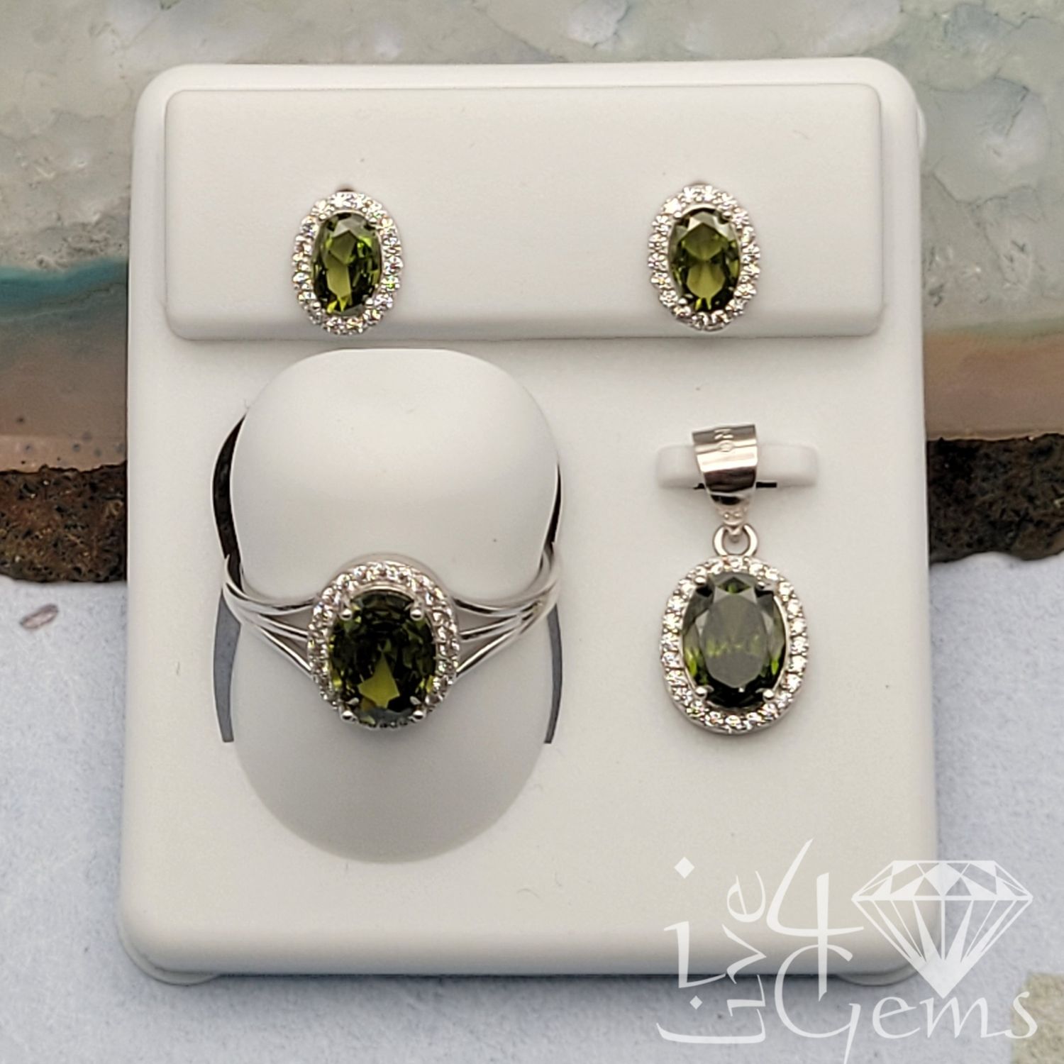 Silver CZ  Green Oval Halo Earring, Ring and Pendant Set