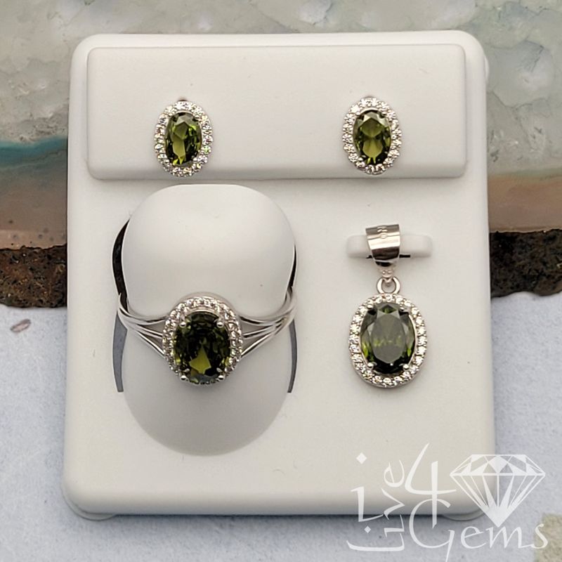 Silver CZ  Green Oval Halo Earring, Ring and Pendant Set