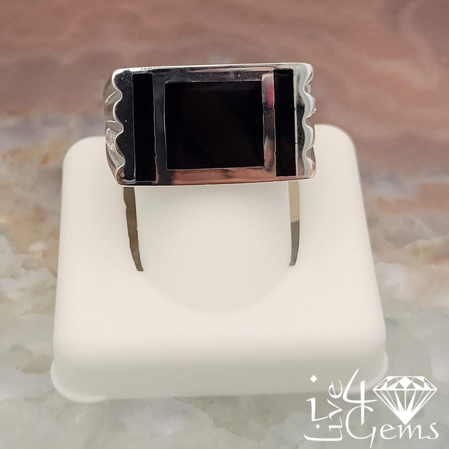 Silver Onyx Rectangle Cz Ring