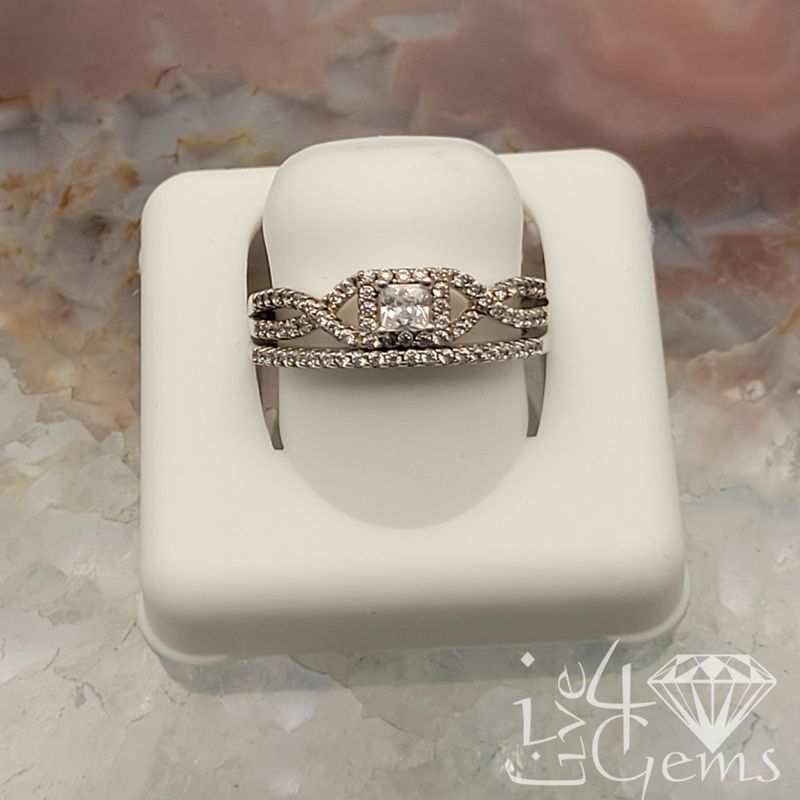 Silver Double Spiral Princess Cut CZ Ring Set