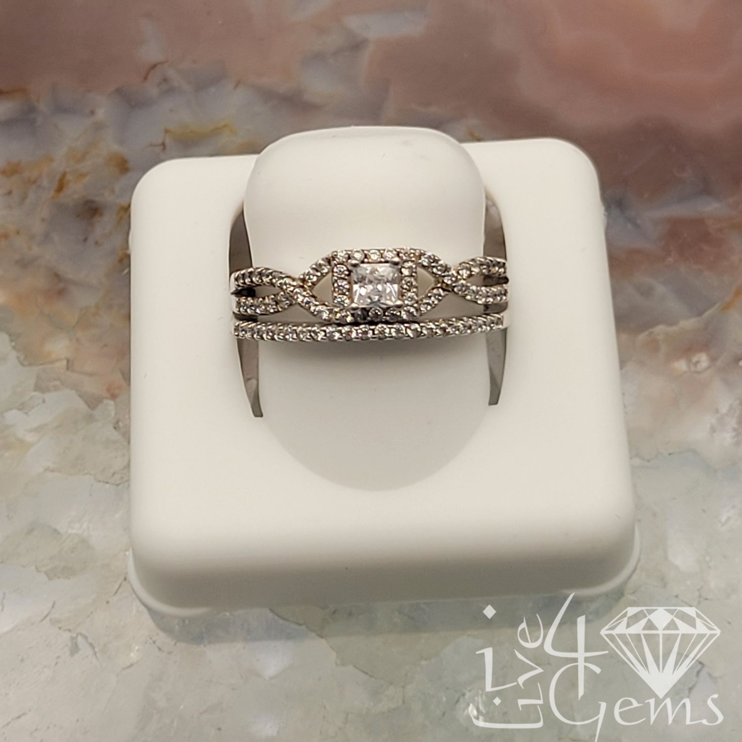 Silver Double Spiral Princess Cut CZ Ring Set