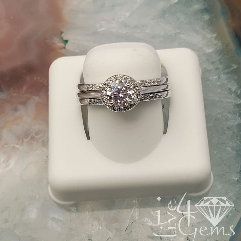 Silver Round Cz Halo Interlocking Bridal Set S8