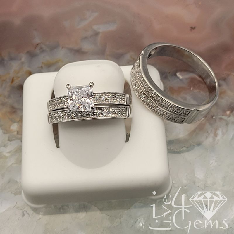 Silver Cz Princess Cut His and Her Set S9