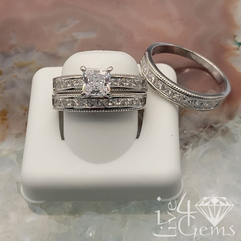 Silver Princess Cut Square Cz Trio Set S9
