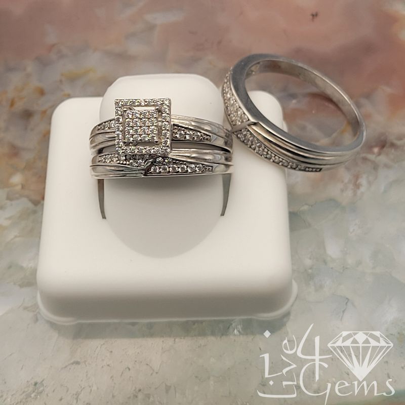 Silver CZ Square Halo His and Her Set