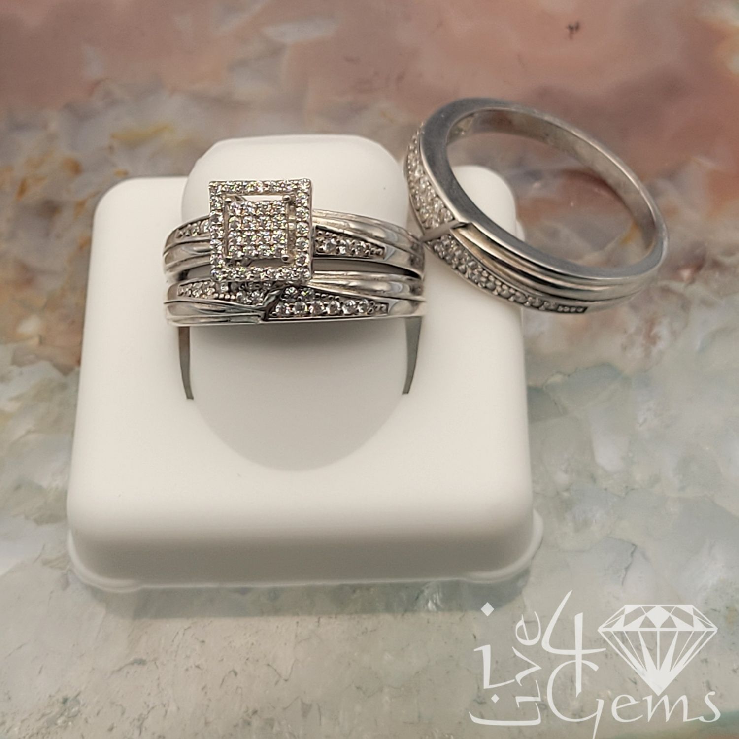 Silver CZ Square Halo His and Her Set