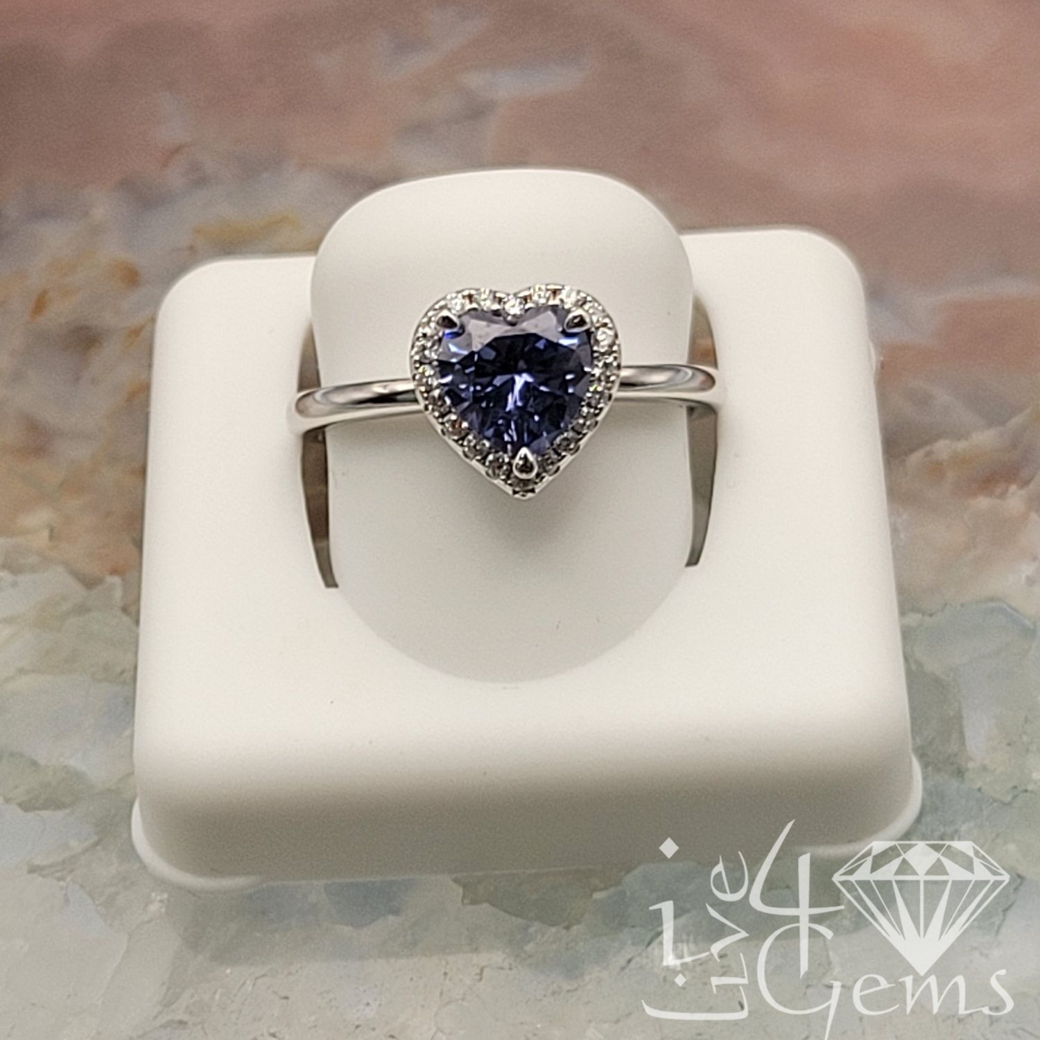 Silver CZ Purple Heart Halo Ring Size 8