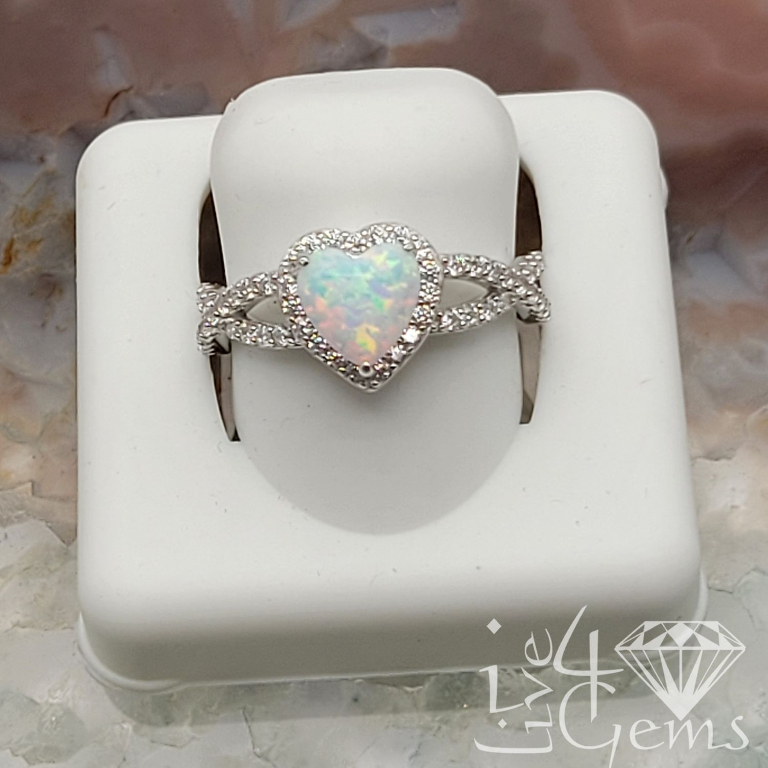 Silver Opal and CZ Heart Infinity Twist Ring