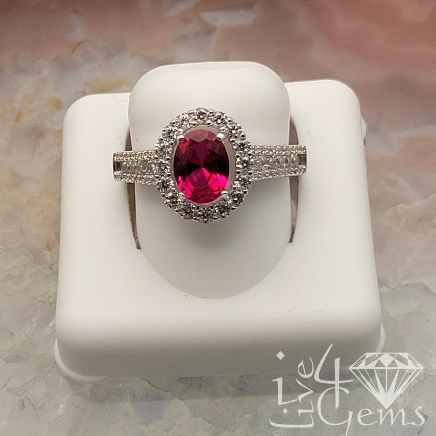 Silver Red Oval Halo CZ  Double Row Ring Size 8