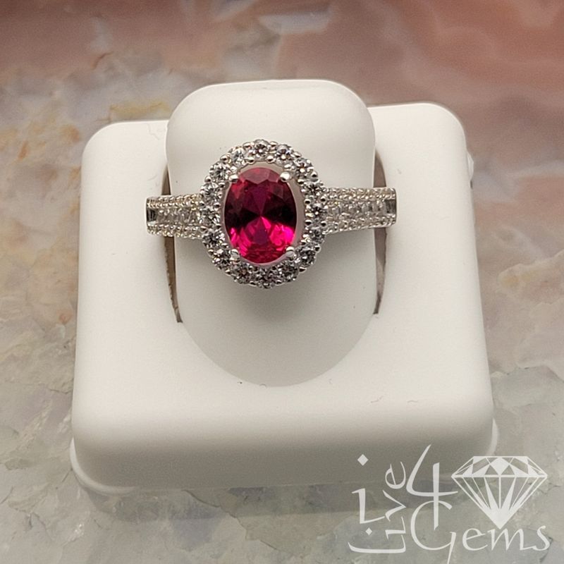 Silver Red Oval Halo CZ  Double Row Ring Size 8