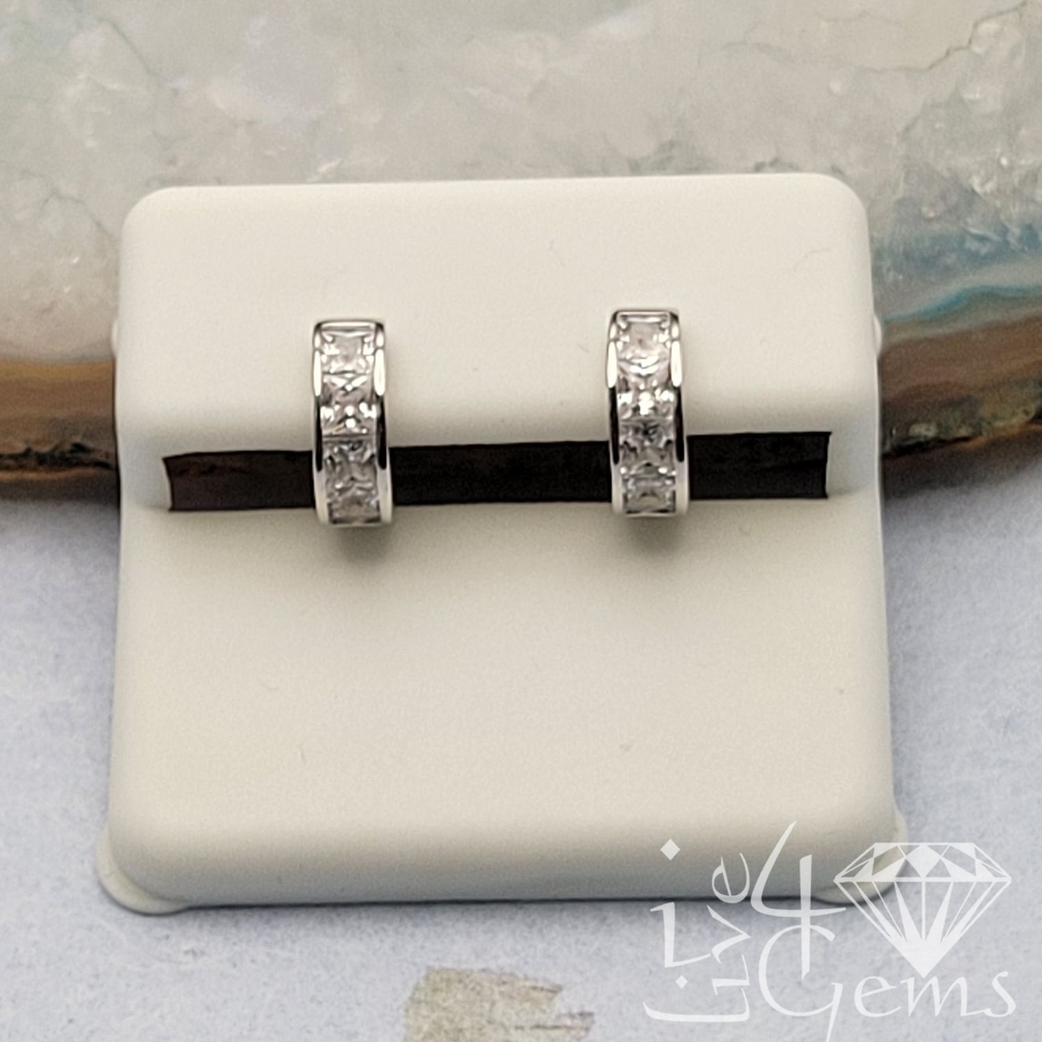 Silver CZ 4mm Princess Cut Huggie 8mm width