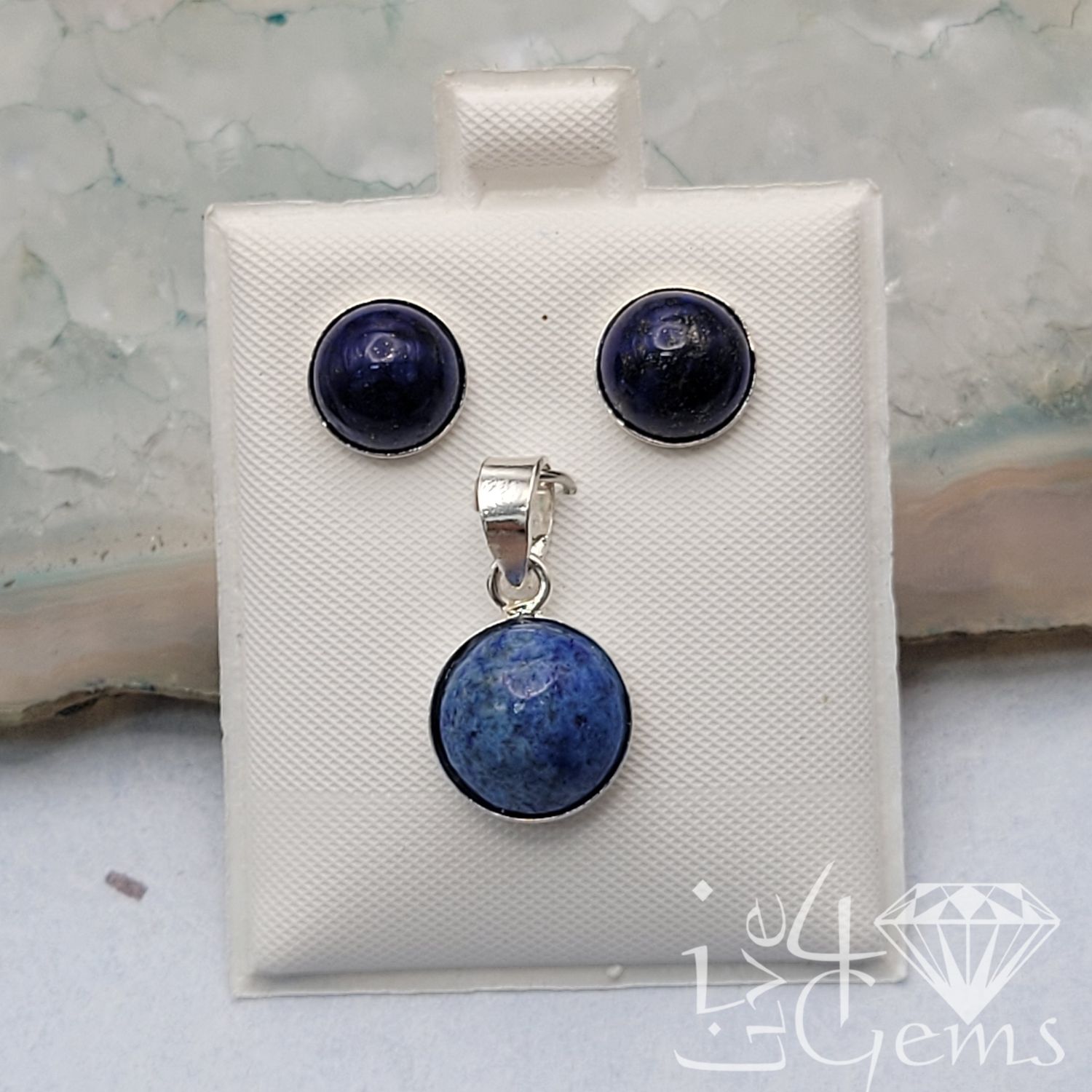 Silver Lapis Lazuli Bezel Round Earring and Pendant Set
