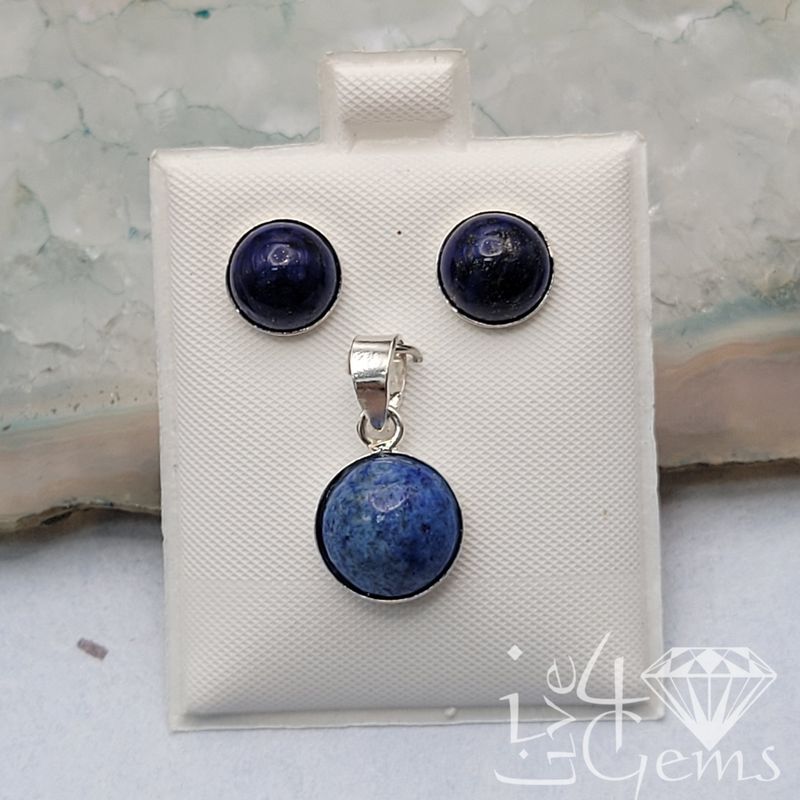 Silver Lapis Lazuli Bezel Round Earring and Pendant Set