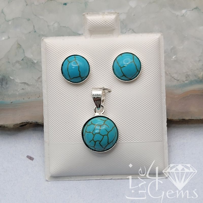Silver Blue Turqoise Bezel Round Earring and Pendant Set