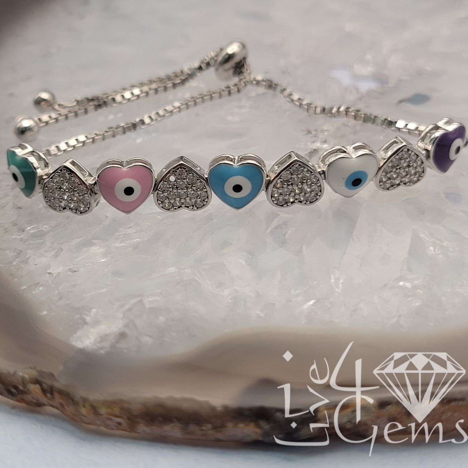 Silver CZ Heart Enamel and Evil Eye Adjustable Bolo Bracelet