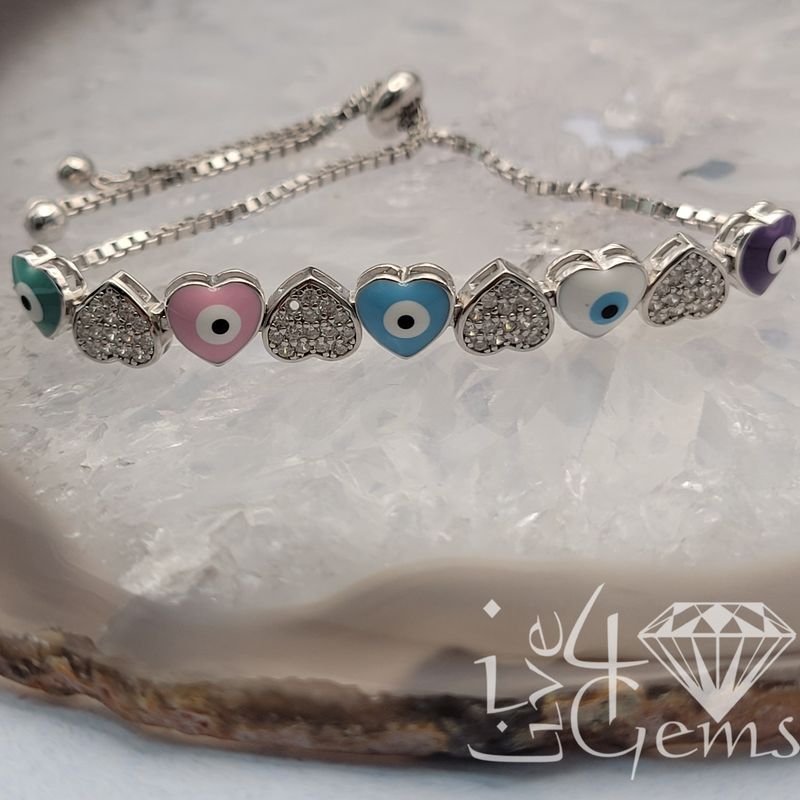 Silver CZ Heart Enamel and Evil Eye Adjustable Bolo Bracelet