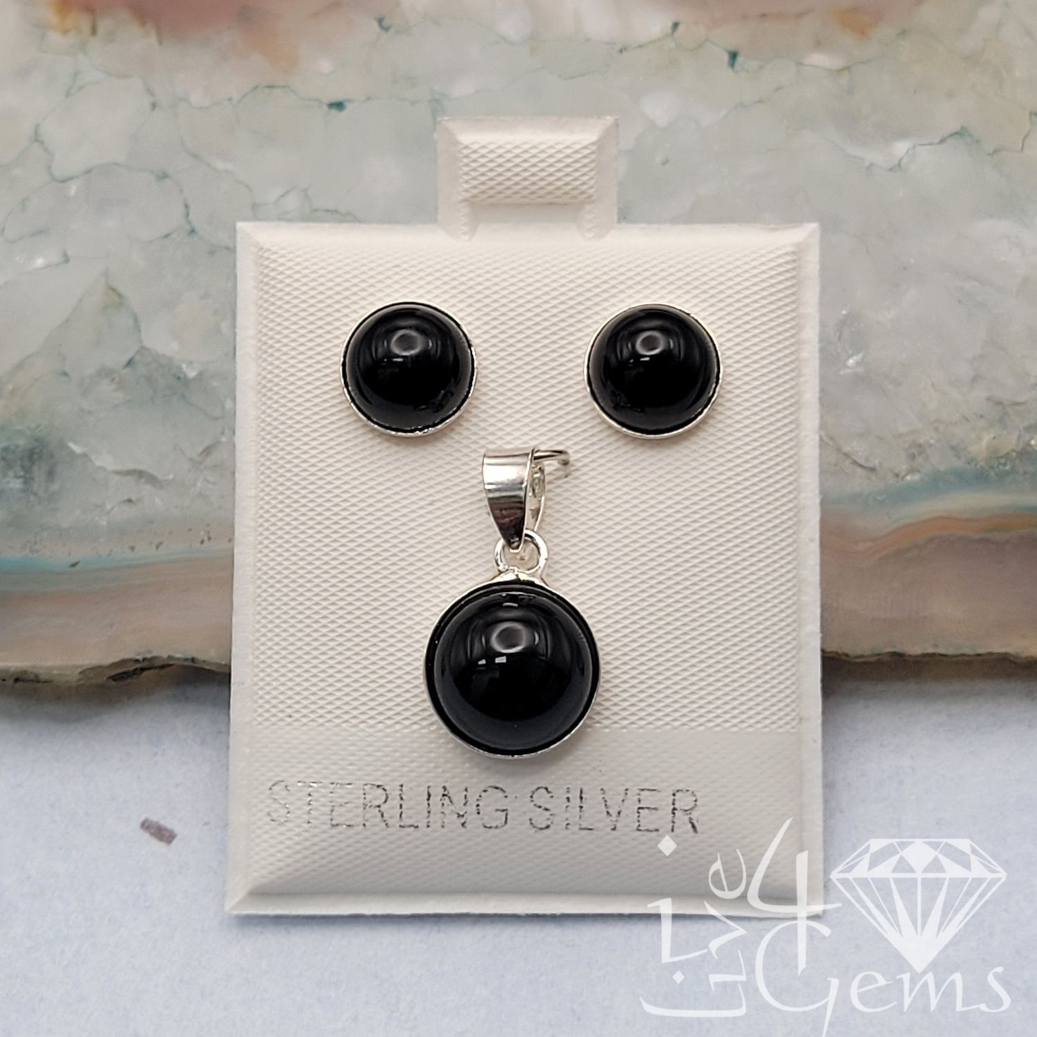 Silver Black Onyx Bezel Round Earring and Pendant Set