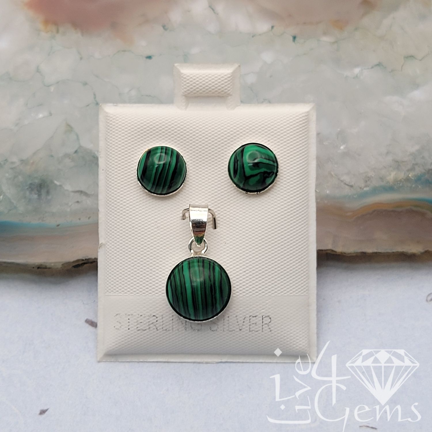 Silver Malachite Bezel Round Earring and Pendant Set