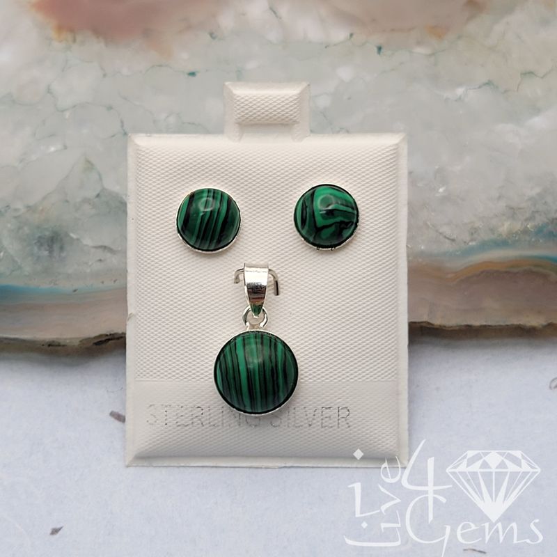 Silver Malachite Bezel Round Earring and Pendant Set