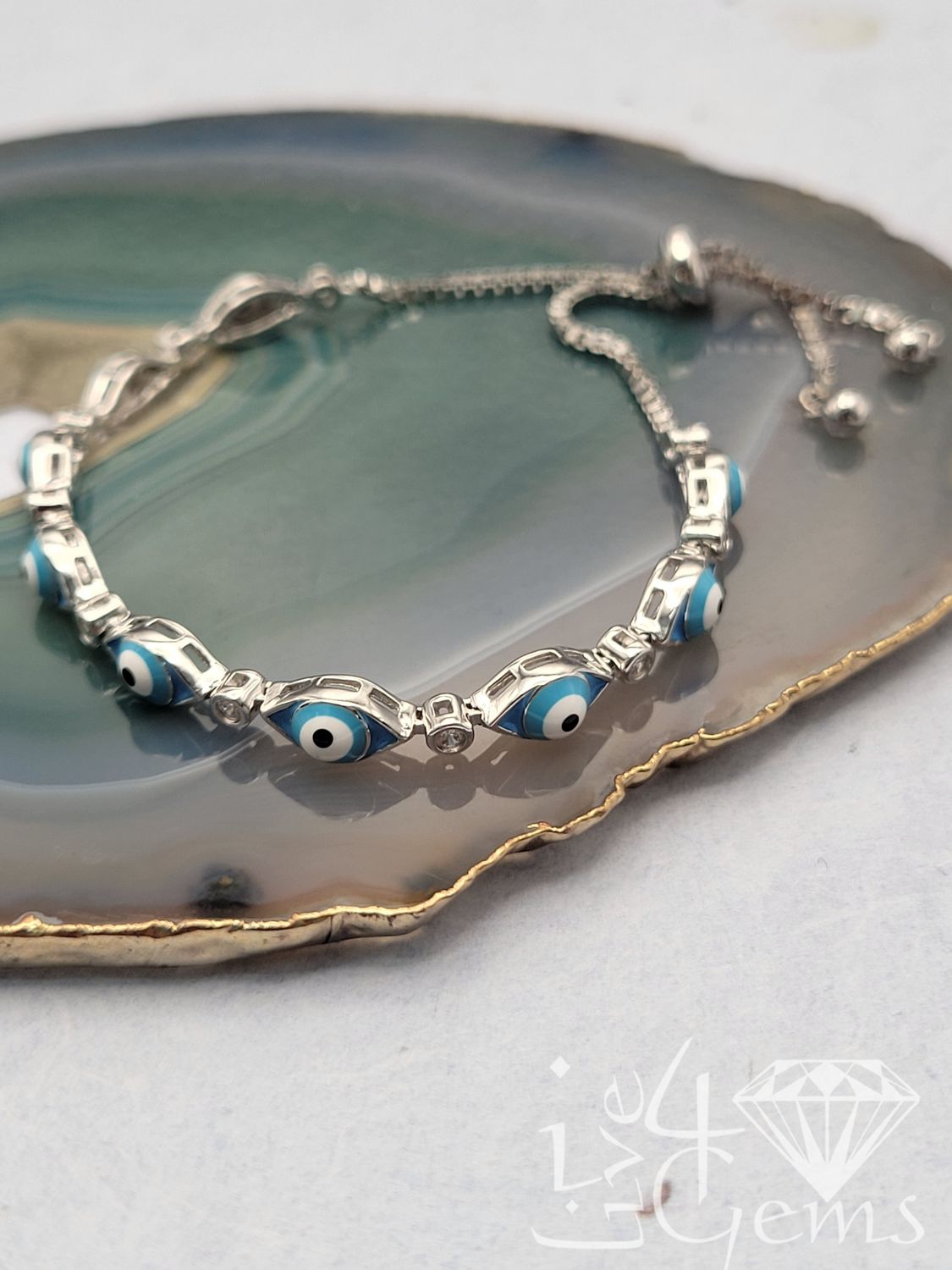 Silver CZ Blue Enamel and Evil Eye Adjustable Bolo Bracelet