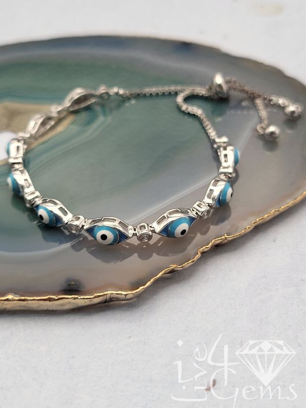 Silver CZ Blue Enamel and Evil Eye Adjustable Bolo Bracelet