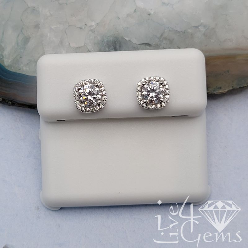 Silver CZ Round Cushion Halo Screwback Stud