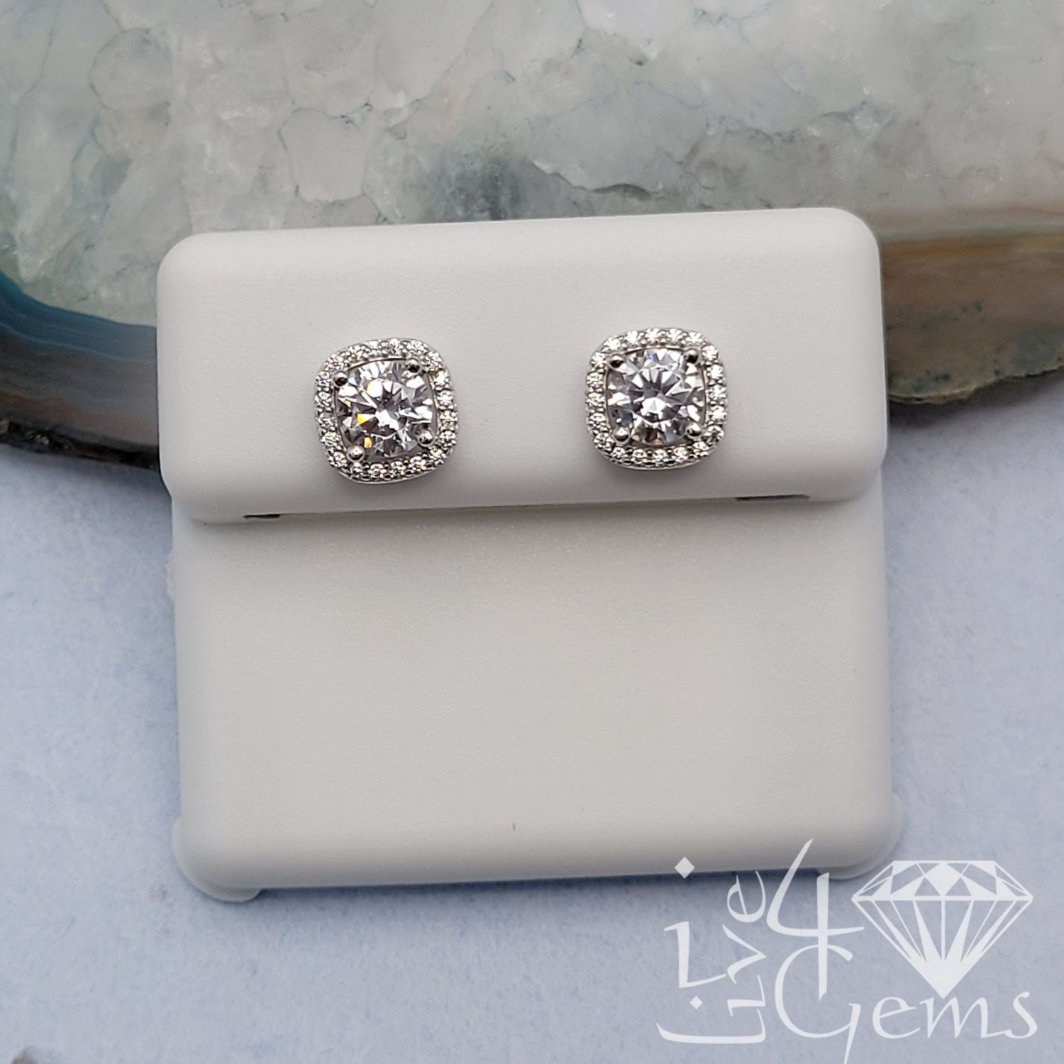 Silver CZ Square Halo Screwback Stud