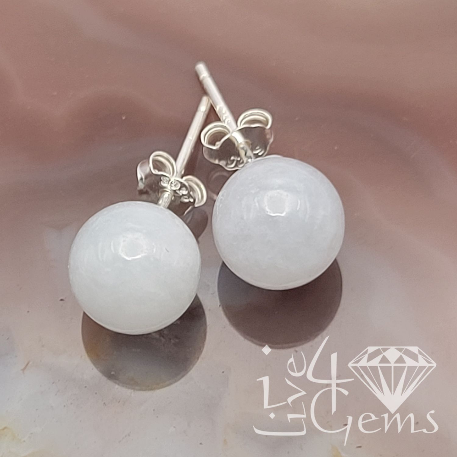 Silver 9mm Round White Jade Stud Earring
