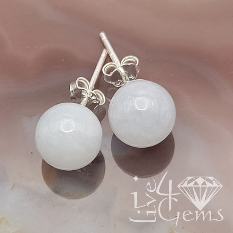 Silver 9mm Round White Jade Stud Earring