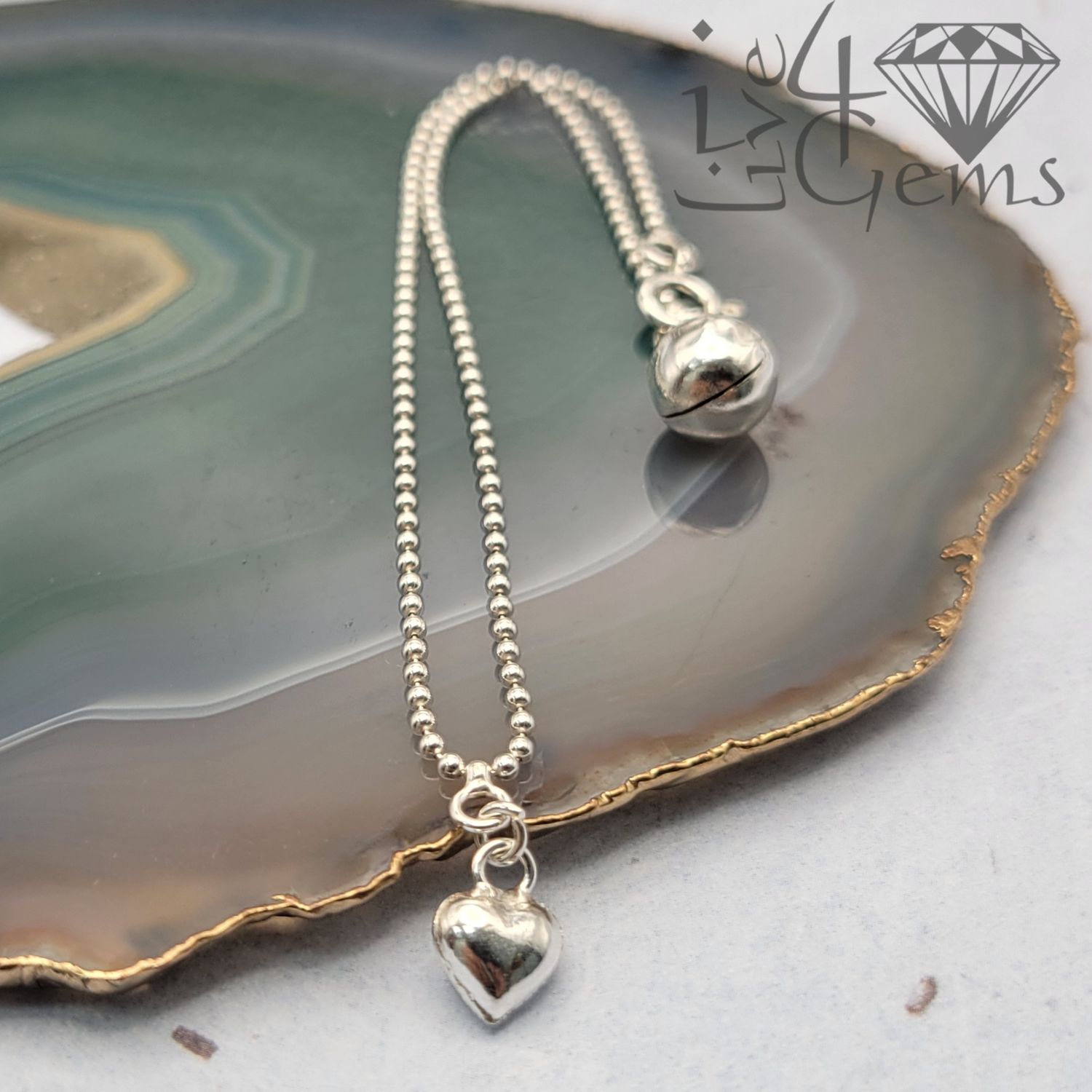 Silver Single Heart Anklet 10&quot; Bell at end Made in Thailand