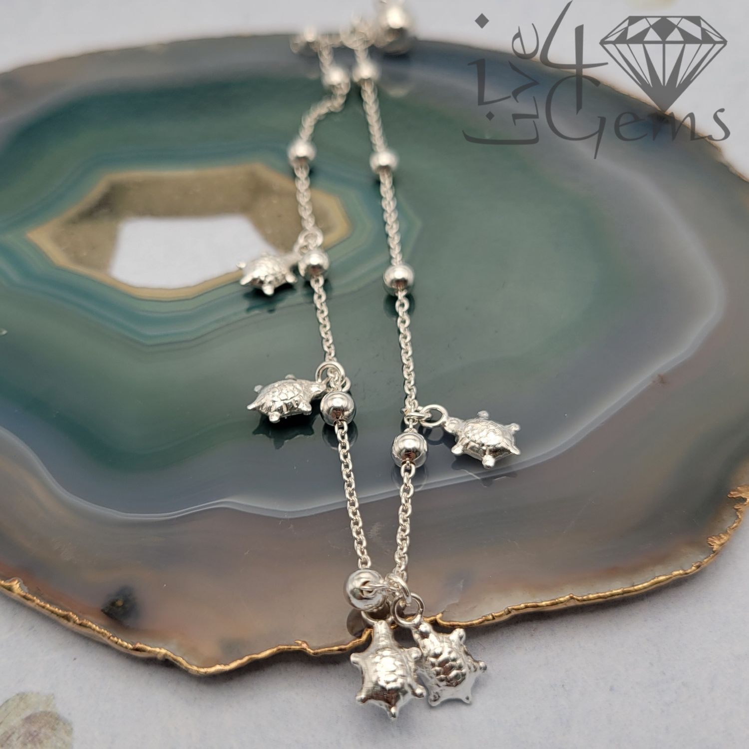 Silver Turtle and Ball Anklet 10&quot; Bell at end Made in Thailand