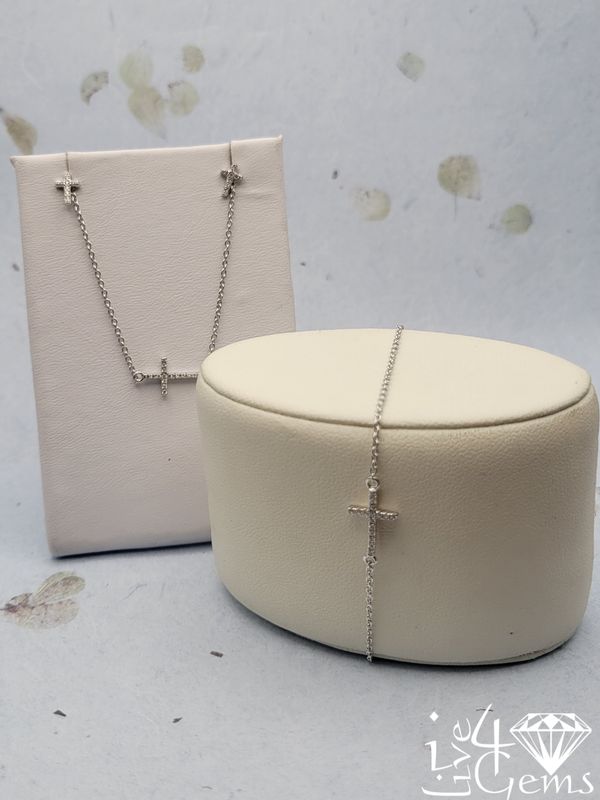 Silver CZ Cross Stud, Bracelet and  Necklace Set