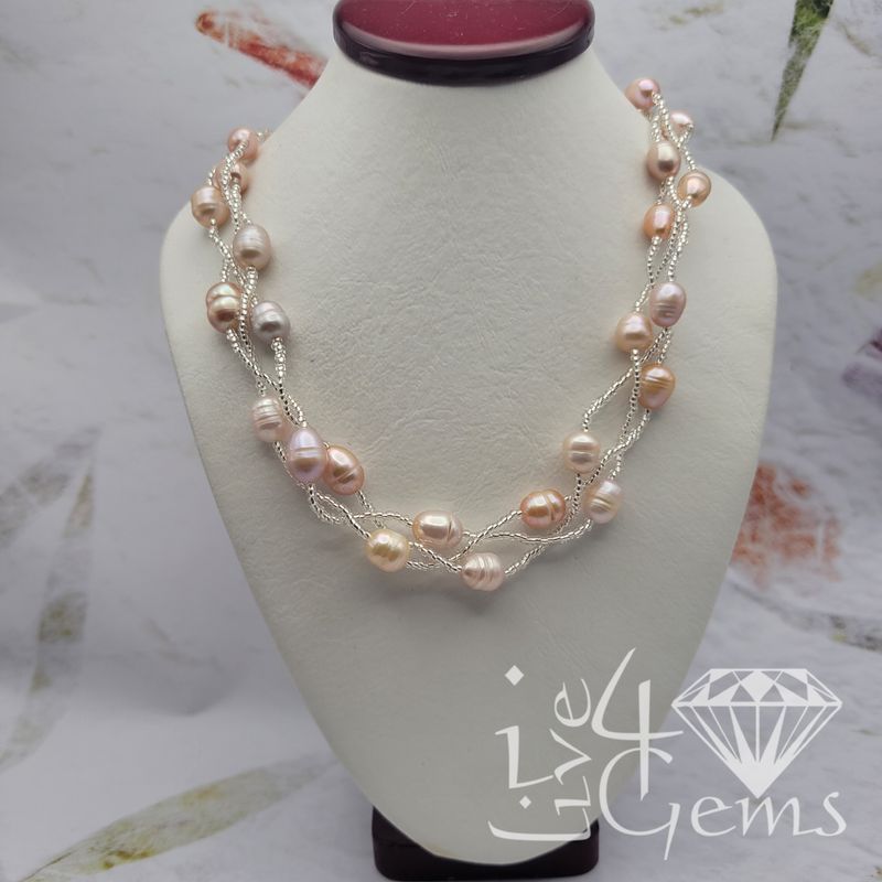 Triple Strand Beaded Magnetic Pearl Necklace Pink,Peach, White