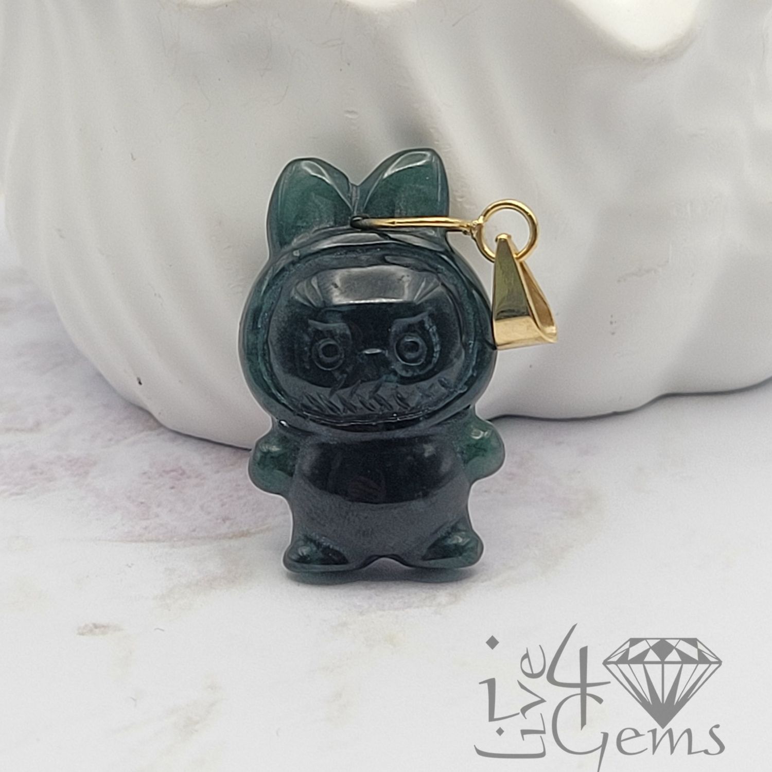 10kty Dark Green Jade Labubu Pendant 3cm