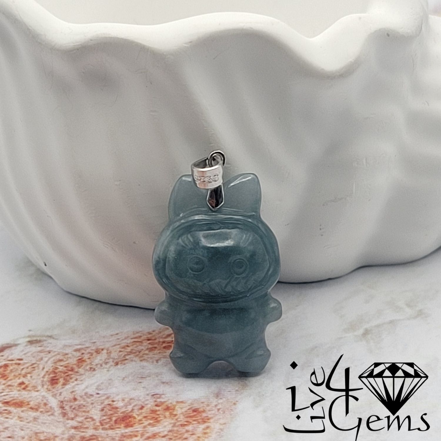 Silver Green Jade Labubu Pendant 2.5cm