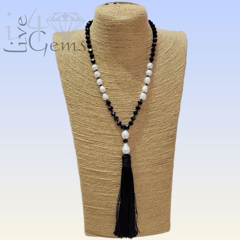Baroque Pearl, Black Spinel with Silk Tassel Gemstone Necklace