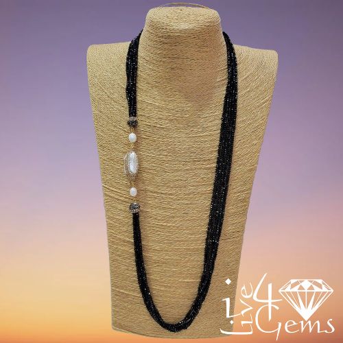 Druzy Biwa Pearl Black Spinel Mutli Strand  33&quot;
