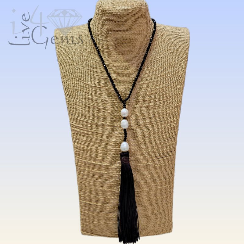 Baroque Pearl, Black Spinel with Brown Silk Tassel Gemstone Necklace